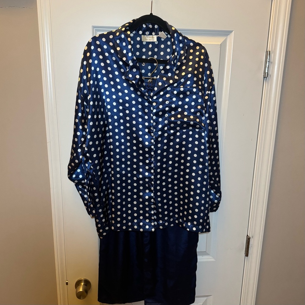 Vintage Victoria’s Secret Navy Polka Dot Satin Pajama Set Medium
